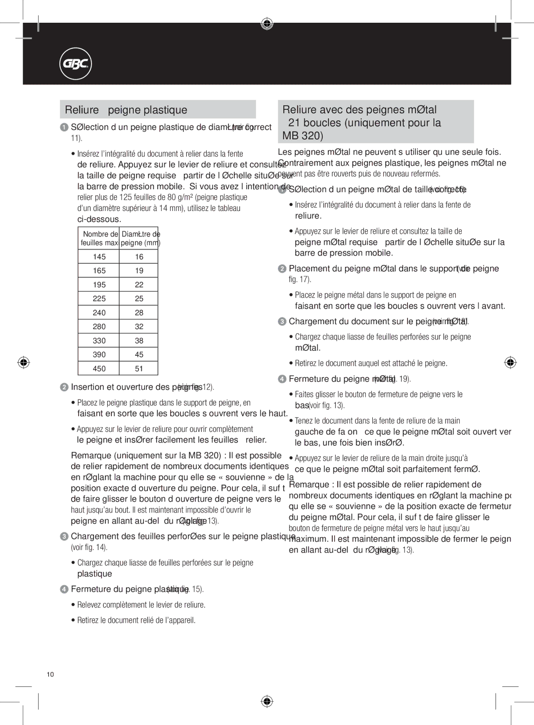 GBC 320, 220 Reliure à peigne plastique, Insertion et ouverture des peignes voir fig, Nombre de Diamètre de 