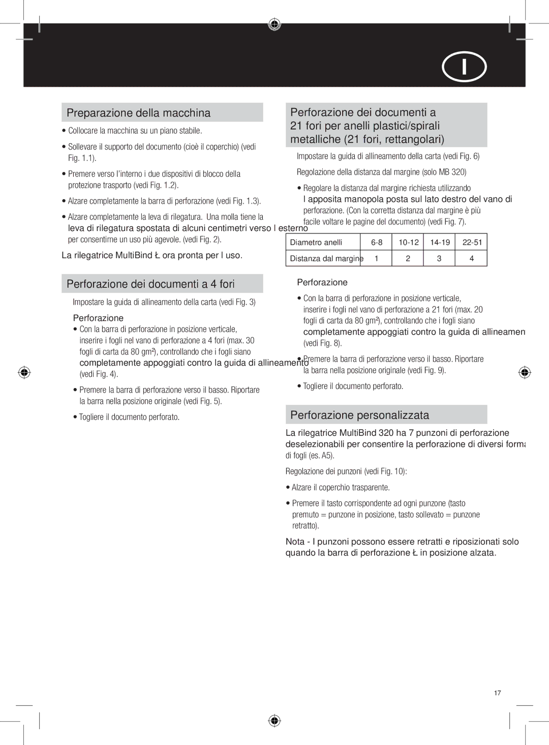 GBC 220, 320 Preparazione della macchina, Perforazione dei documenti a 4 fori, Perforazione personalizzata 