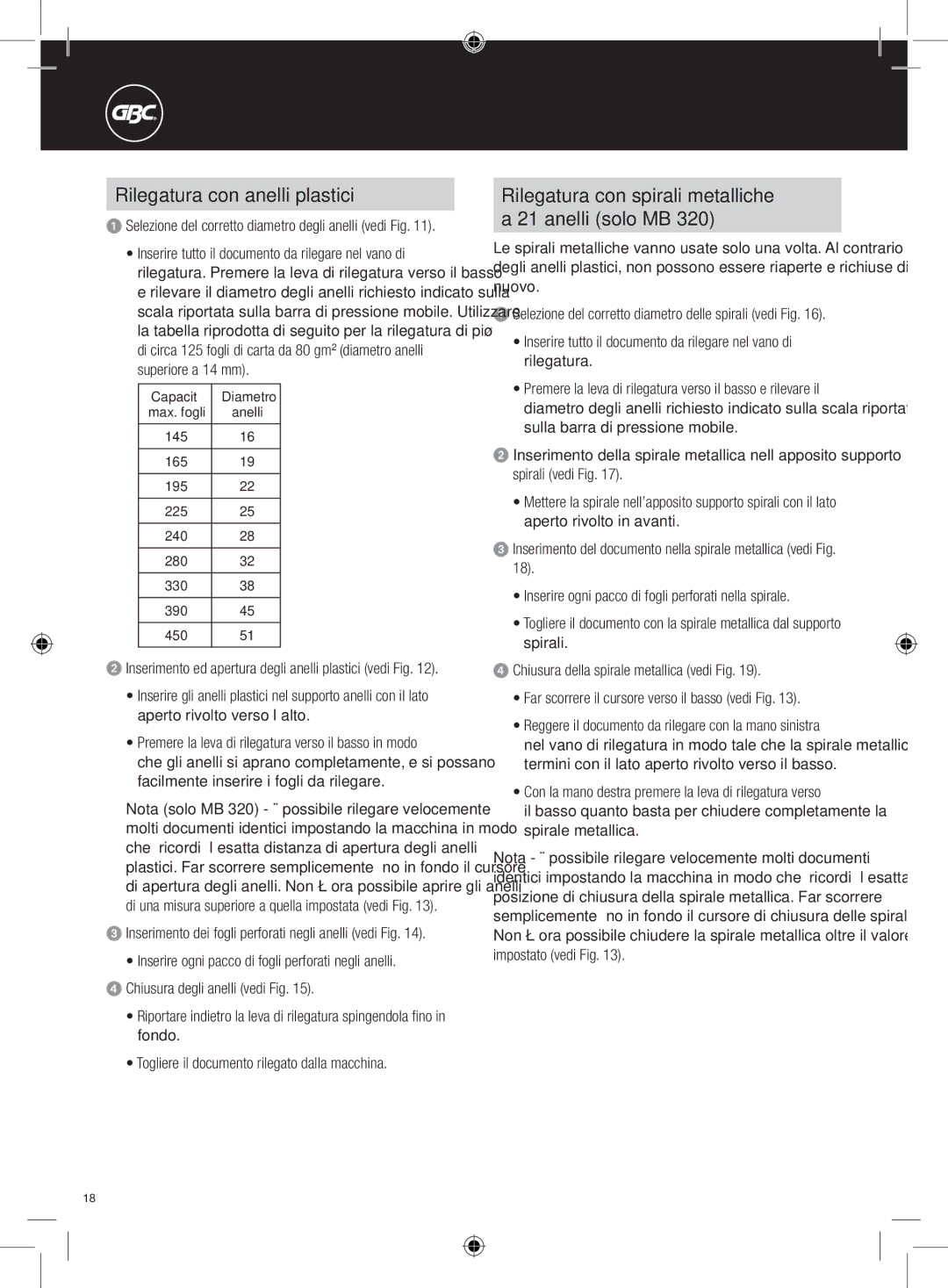 GBC 320, 220 Rilegatura con anelli plastici, Rilegatura con spirali metalliche a 21 anelli solo MB, Diametro 