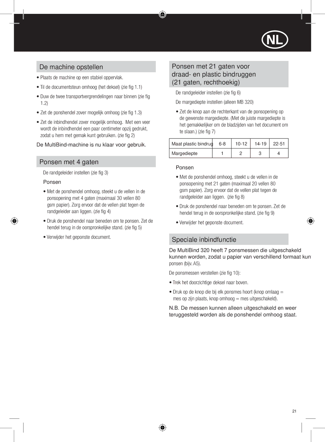 GBC 220, 320 instruction manual De machine opstellen, Ponsen met 4 gaten, Speciale inbindfunctie 