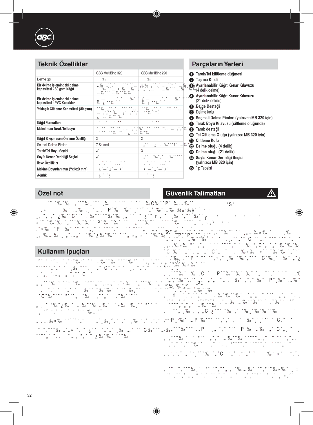 GBC 320, 220 instruction manual Teknik Özellikler, Parçaların Yerleri, Özel not, Kullanım ipuçları, Güvenlik Talimatları 