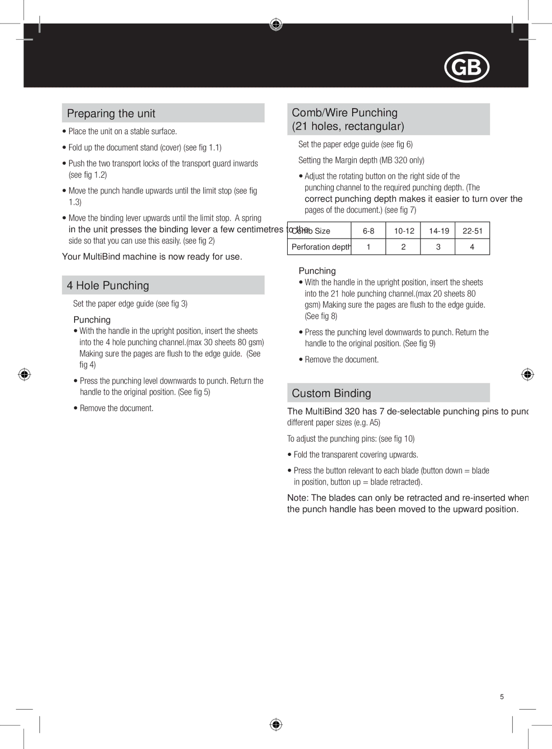GBC 220, 320 instruction manual Preparing the unit, Hole Punching, Comb/Wire Punching 21 holes, rectangular, Custom Binding 