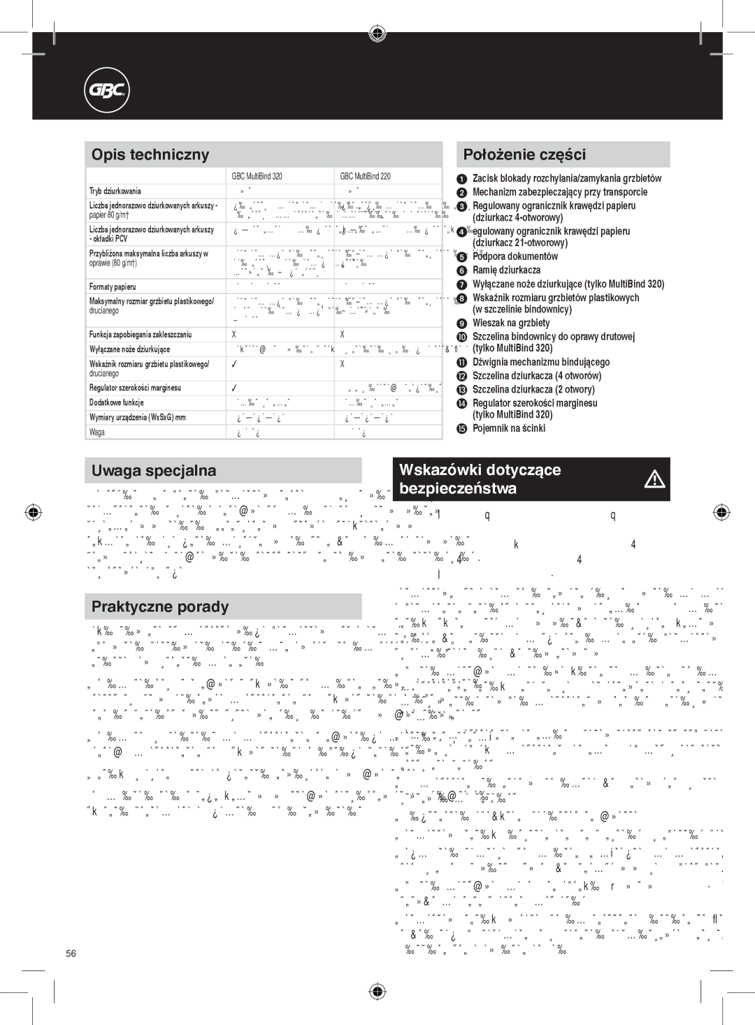 GBC 320, 220 Opis techniczny, Położenie części, Uwaga specjalna, Praktyczne porady, Wskazówki dotyczące Bezpieczeństwa 
