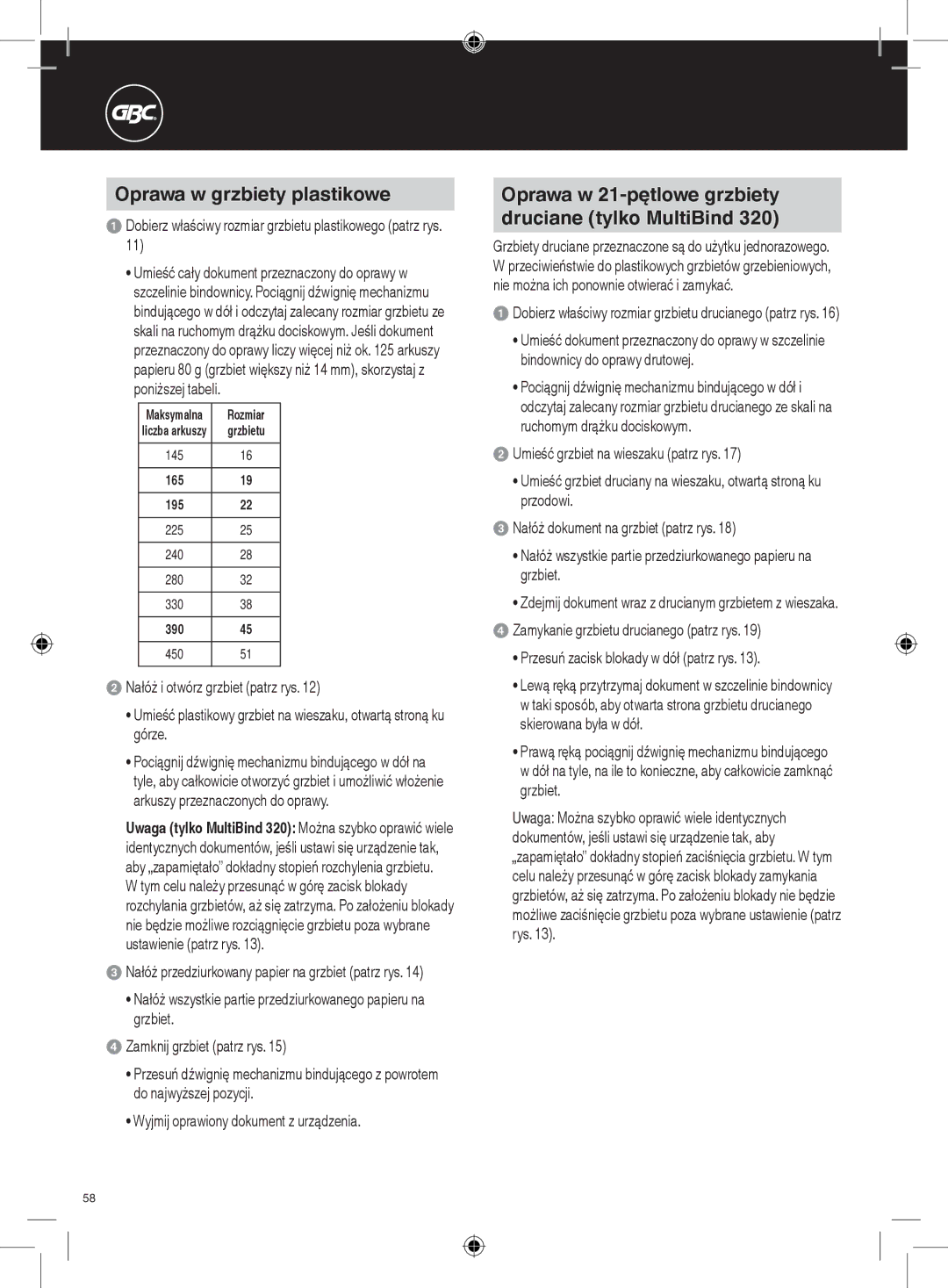 GBC 320, 220 instruction manual Oprawa w grzbiety plastikowe, Oprawa w 21-pętlowe grzbiety druciane tylko MultiBind 