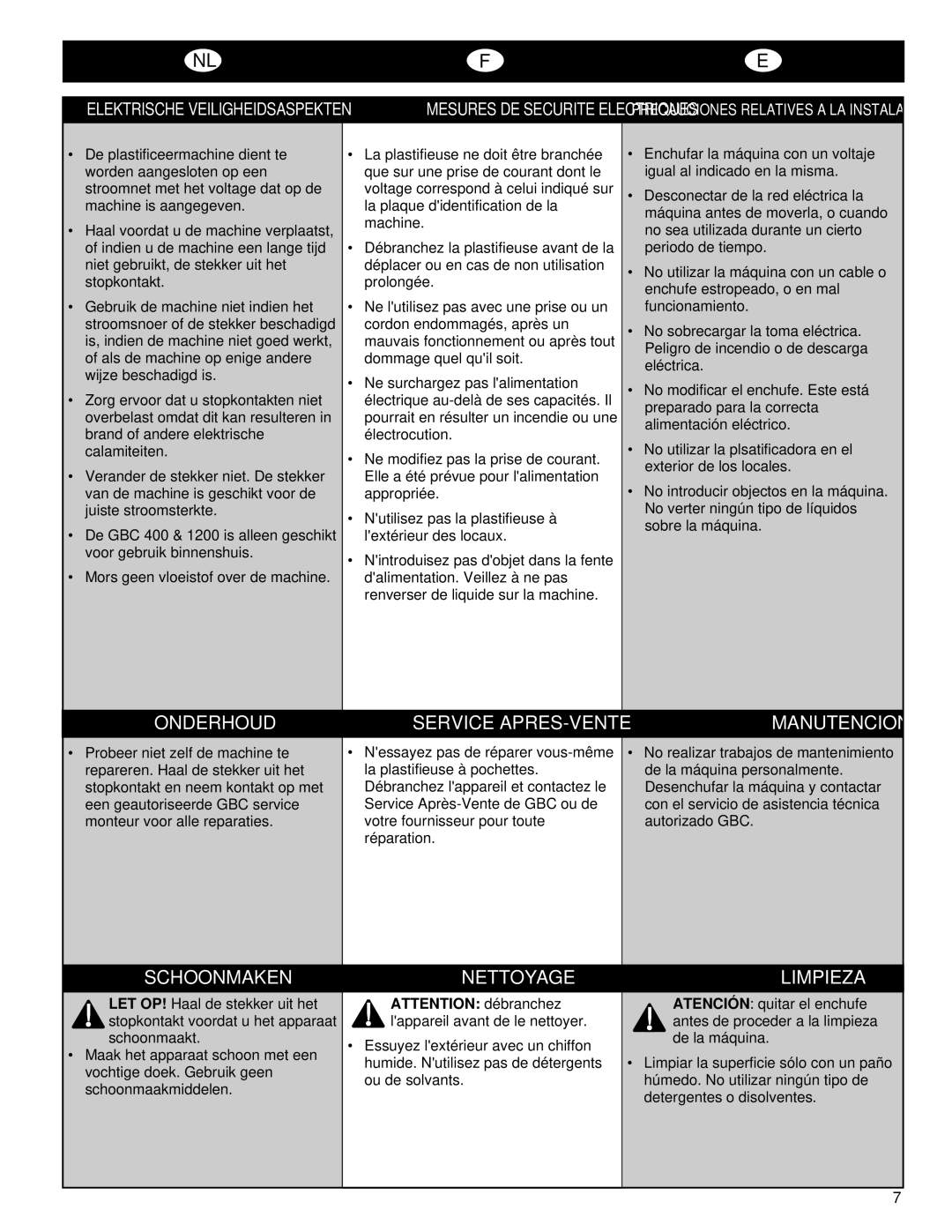 GBC 1200, 400 Onderhoud Service APRES-VENTE Manutencion, Schoonmaken Nettoyage, Limpieza, Elektrische Veiligheidsaspekten 