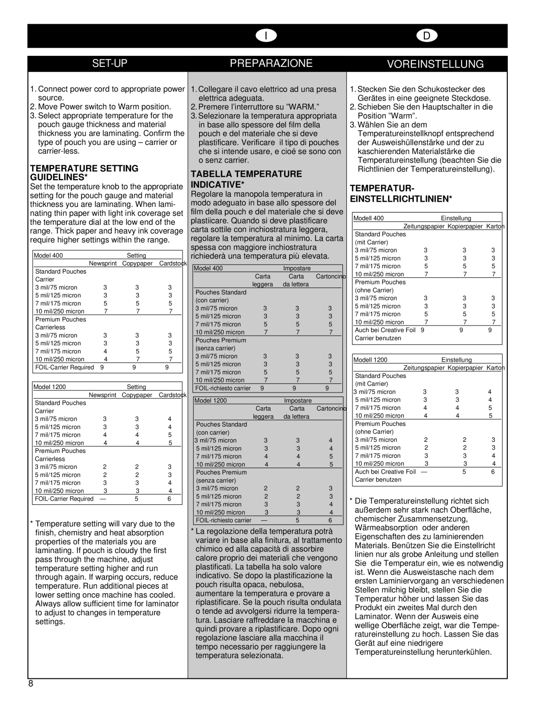 GBC 400, 1200 SET-UP Preparazione, Voreinstellung, Temperature Setting Guidelines, Tabella Temperature Indicative 