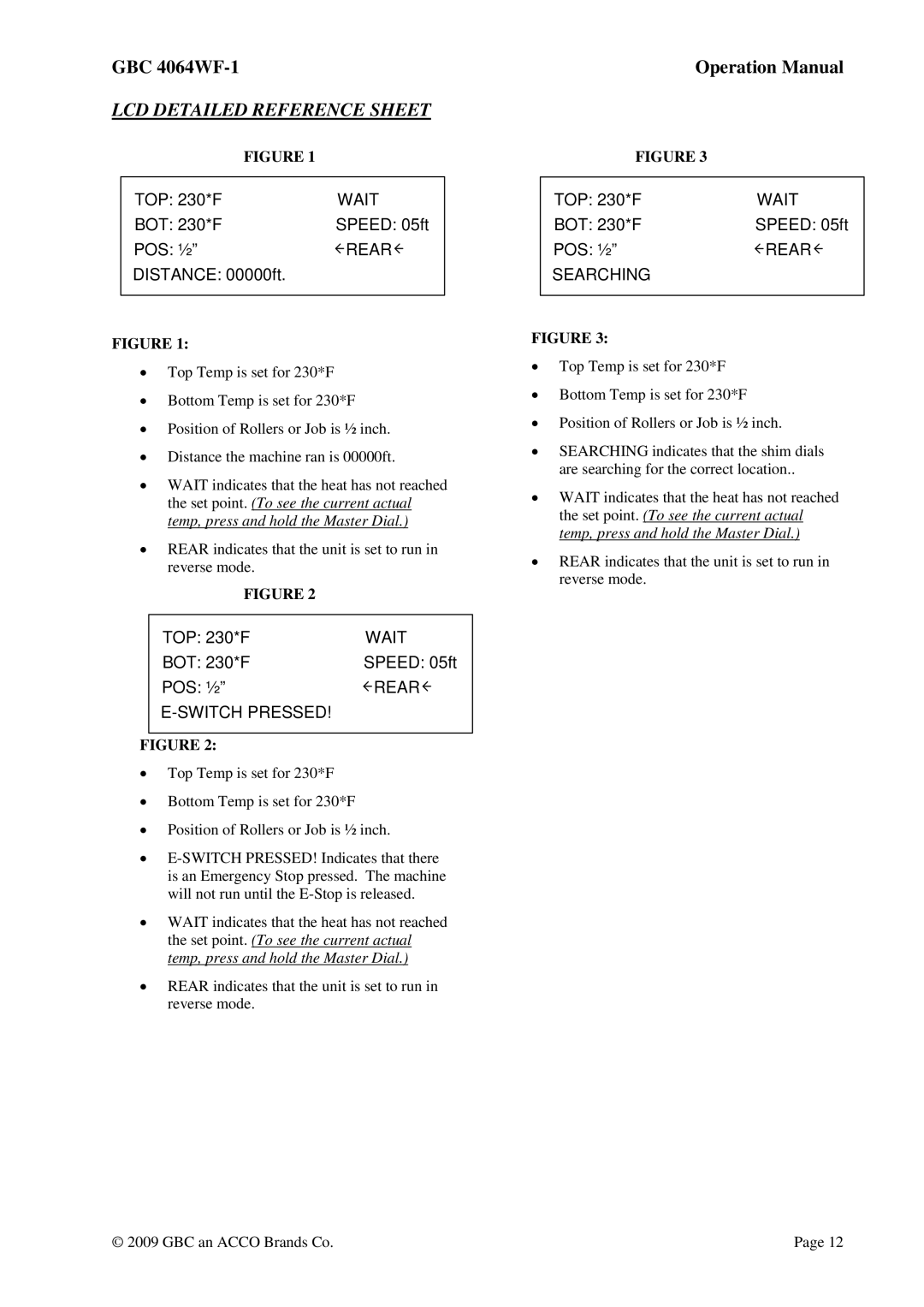 GBC 4064WF-1 operation manual LCD Detailed Reference Sheet 