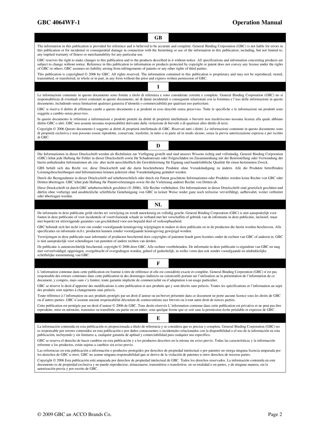 GBC operation manual GBC 4064WF-1 