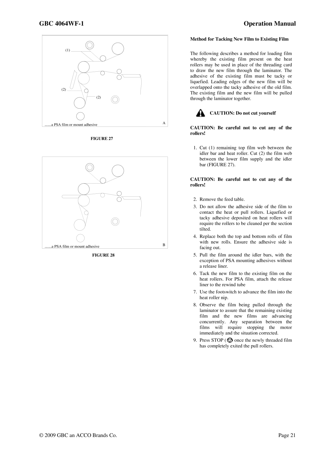 GBC 4064WF-1 operation manual Method for Tacking New Film to Existing Film 