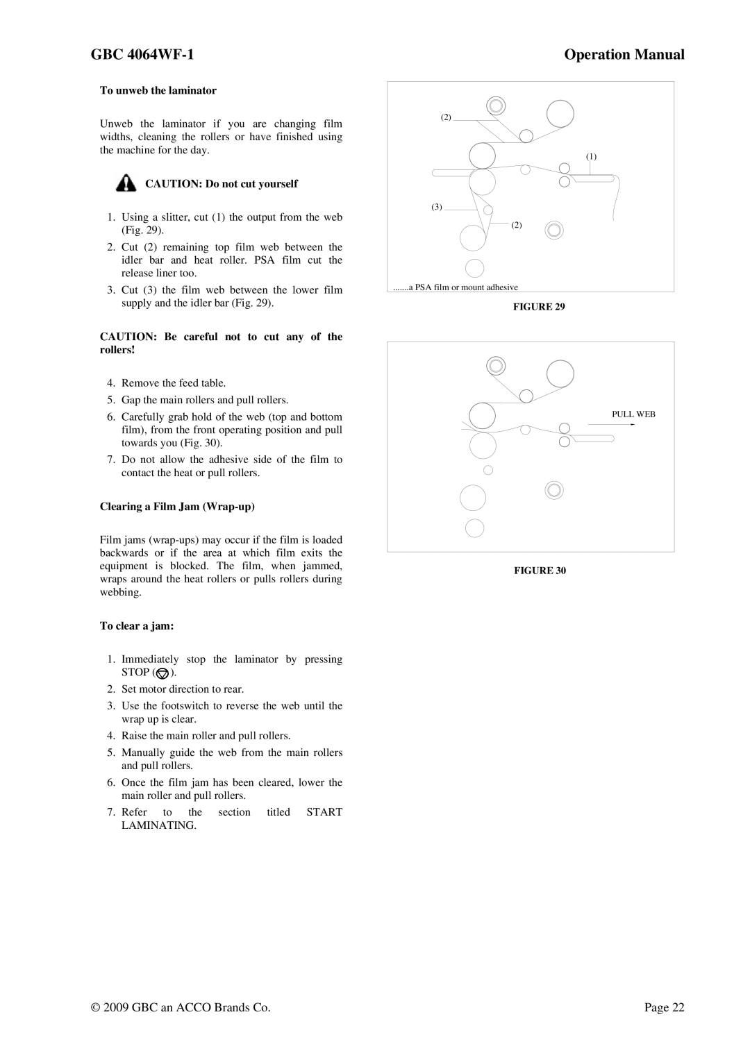 GBC 4064WF-1 operation manual To unweb the laminator, Clearing a Film Jam Wrap-up, To clear a jam 