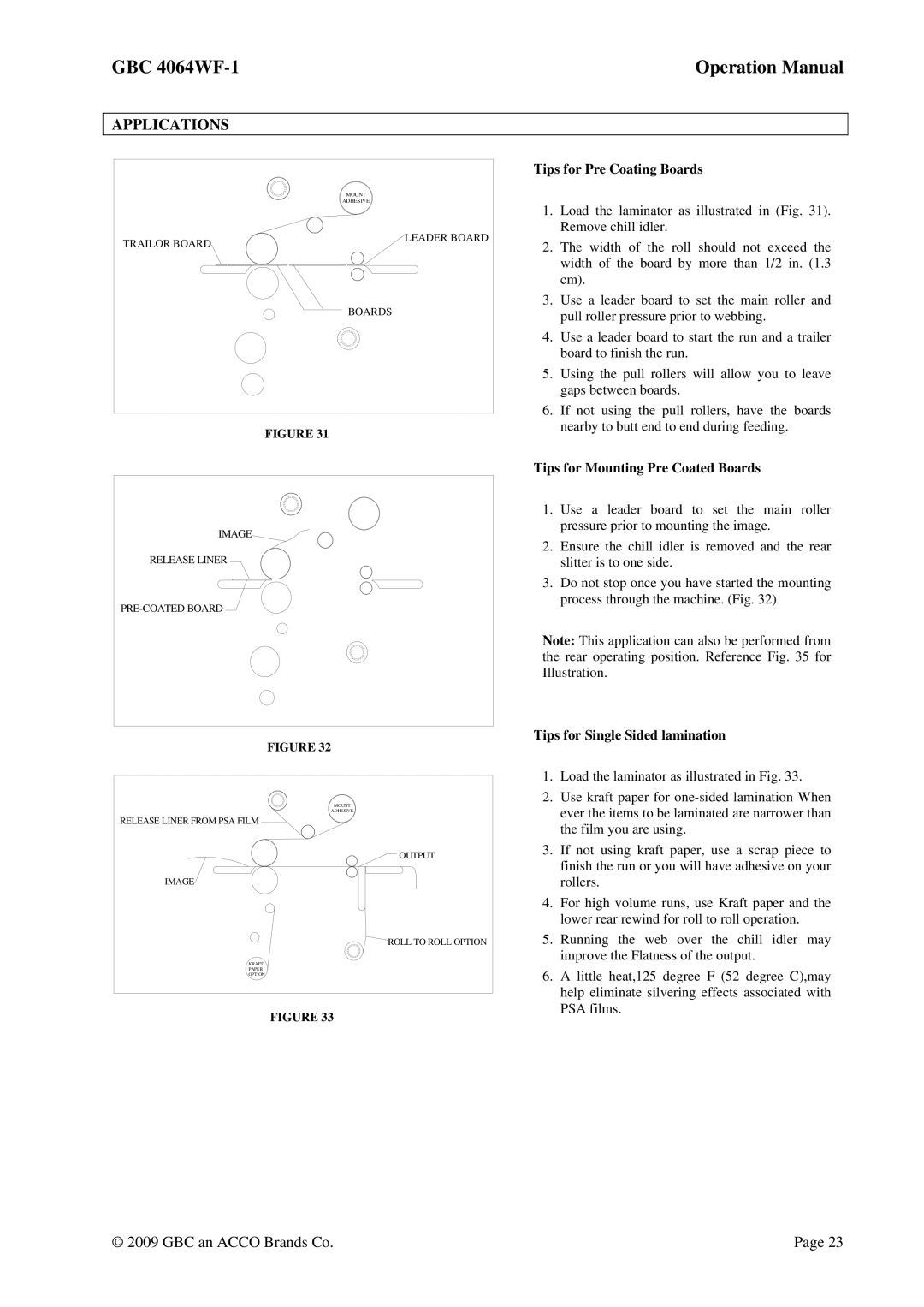 GBC 4064WF-1 operation manual Applications, Tips for Pre Coating Boards, Tips for Mounting Pre Coated Boards 