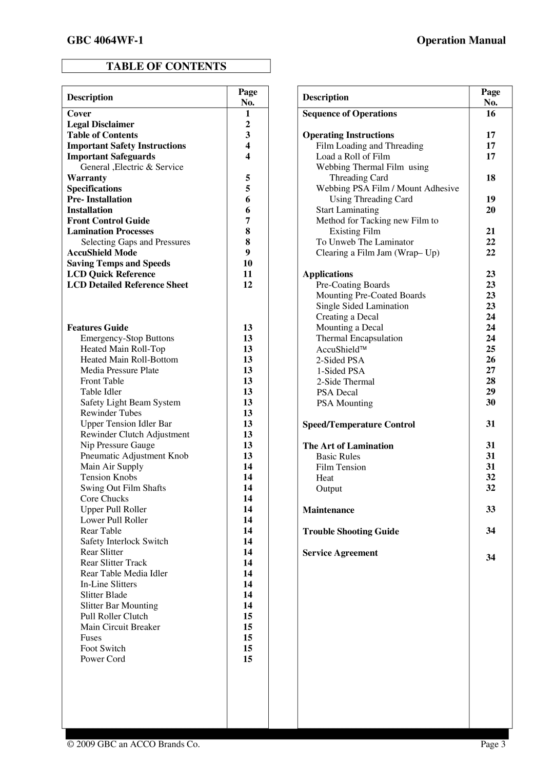 GBC 4064WF-1 operation manual Table of Contents 
