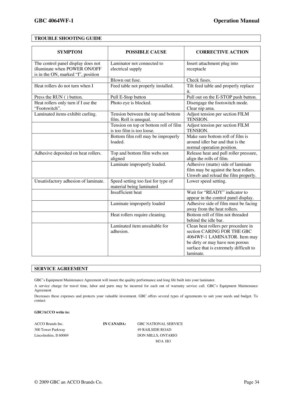 GBC 4064WF-1 operation manual Tension, Service Agreement 