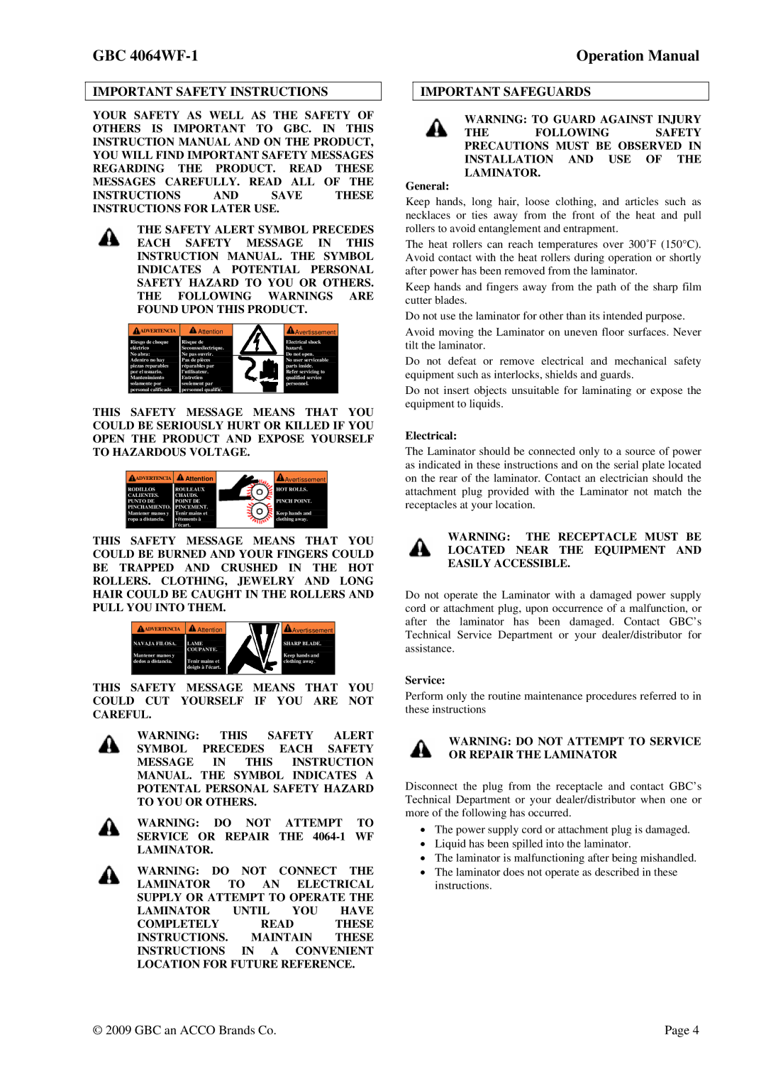 GBC 4064WF-1 operation manual Important Safety Instructions, Important Safeguards, General, Electrical, Service 