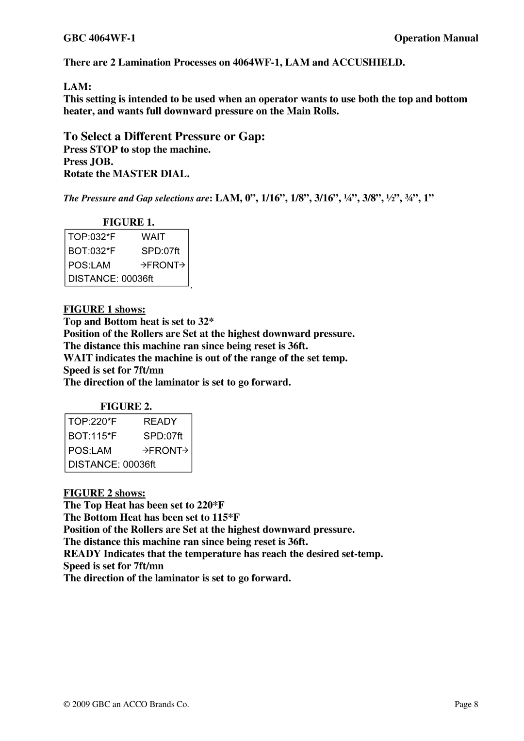 GBC 4064WF-1 operation manual To Select a Different Pressure or Gap 