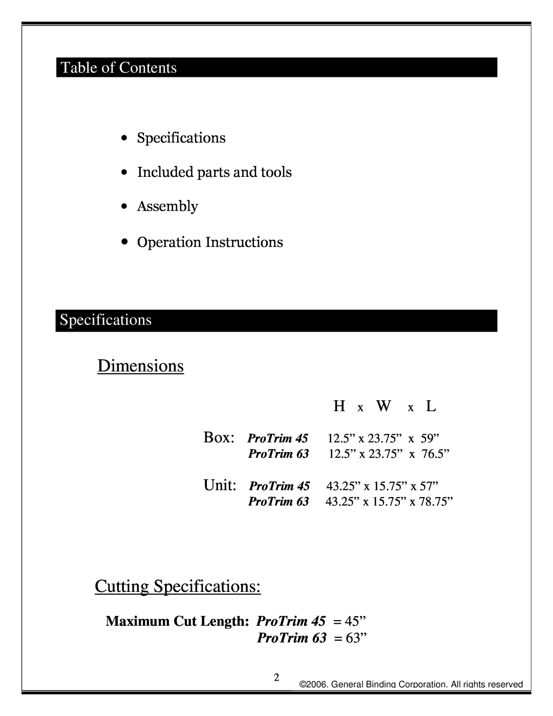 GBC 45 manual Table of Contents, Box Unit, H x W x L, Dimensions, Cutting Specifications, Operation Instructions 