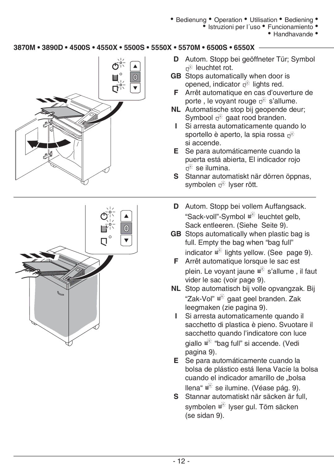 GBC 5500S, 5550X, 6500S, 6550X, 5570M, 4550X, 3870M, 3890D, 4500S manual Sacchetto quando l’indicatore con luce Giallo 
