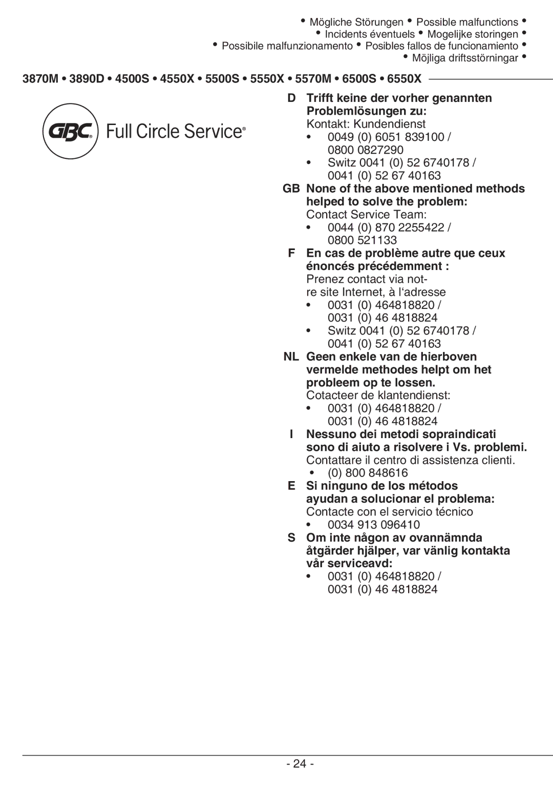 GBC 3870M, 5550X, 6500S, 6550X, 5500S, 5570M, 4550X, 3890D, 4500S manual En cas de problème autre que ceux énoncés précédemment 