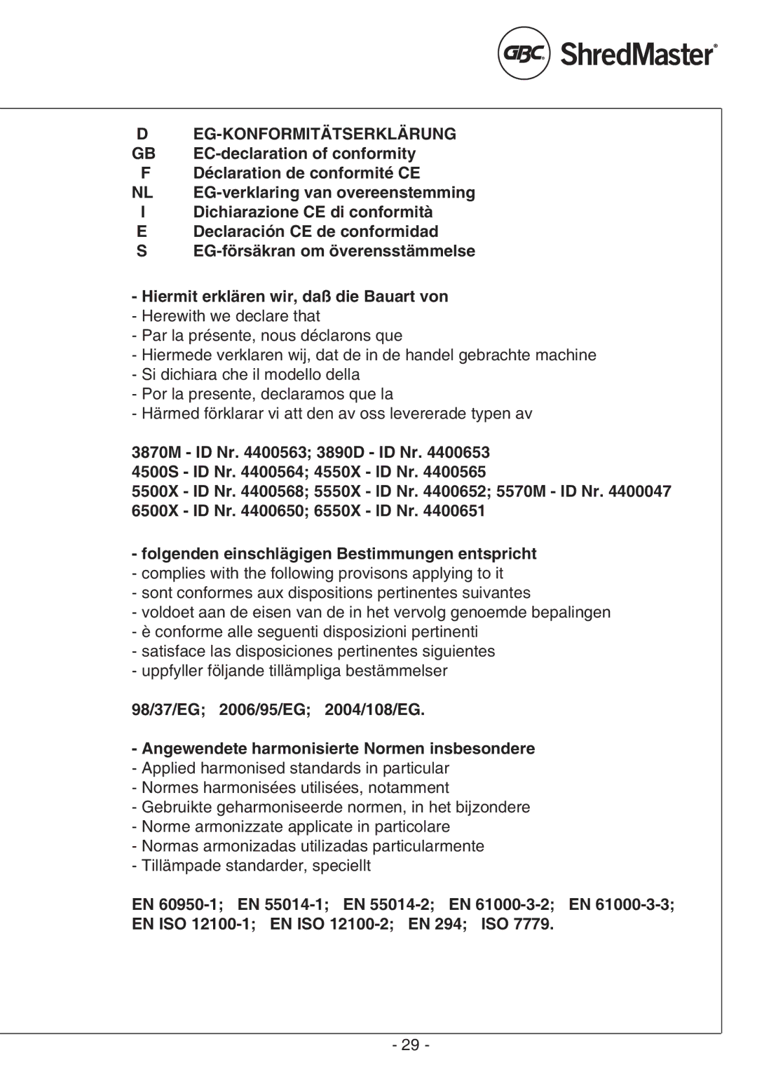 GBC 6550X, 5550X, 6500S, 5500S, 5570M, 4550X, 3870M, 3890D, 4500S manual Eg-Konformitätserklärung, EC-declaration of conformity 