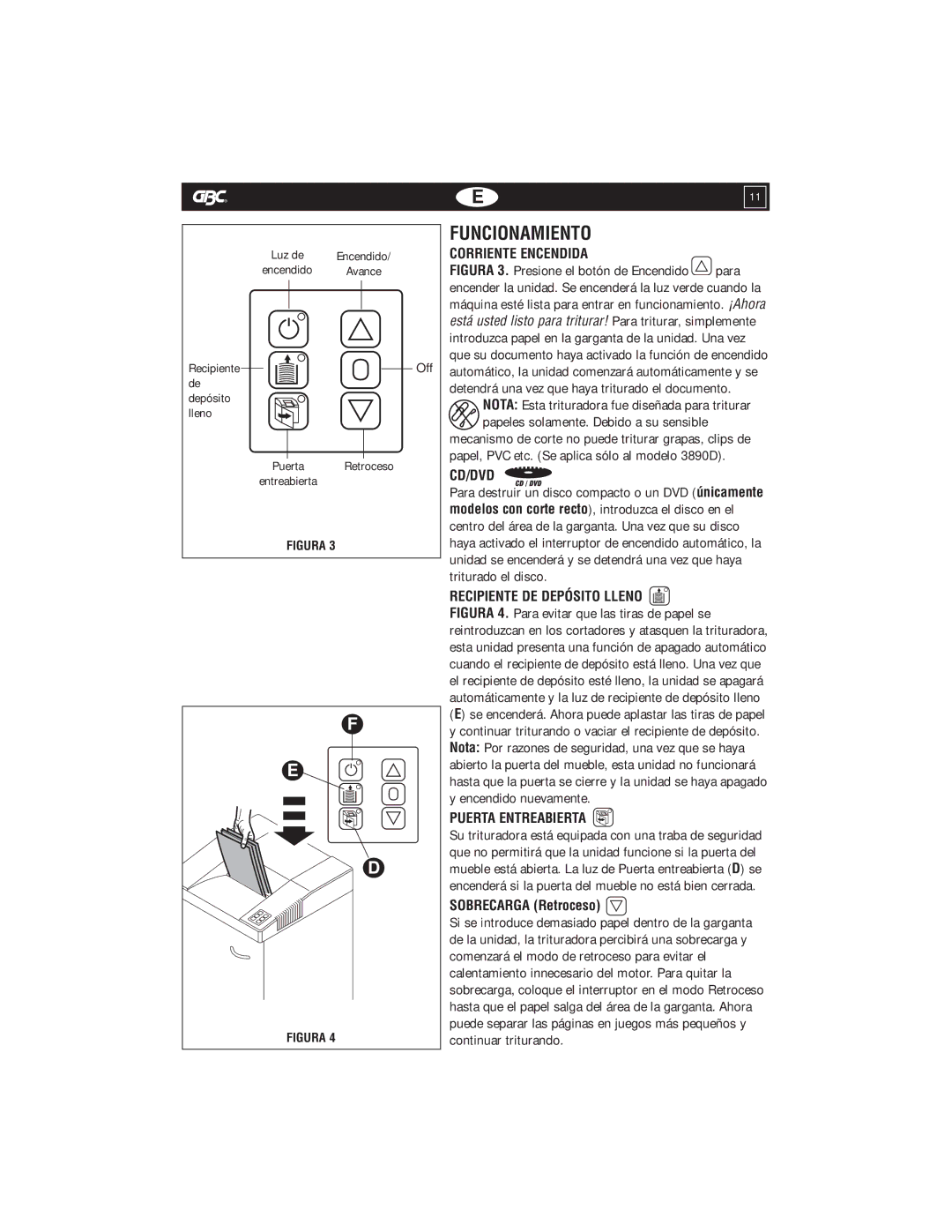 GBC 5570X warranty Funcionamiento, Corriente Encendida, Cd/Dvd, Recipiente DE Depósito Lleno, Puerta Entreabierta 