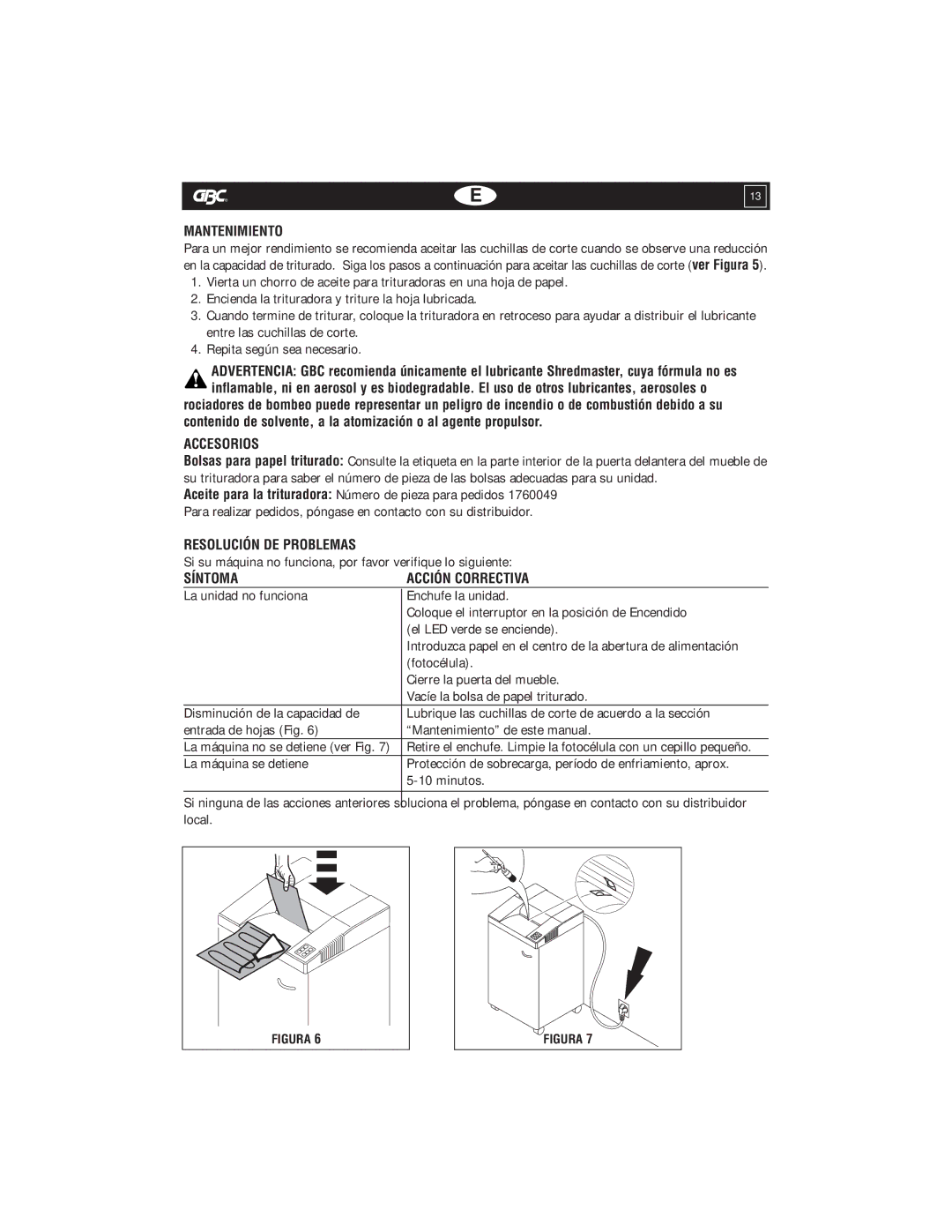 GBC 5570X warranty Mantenimiento, Accesorios, Resolución DE Problemas, Síntoma Acción Correctiva 