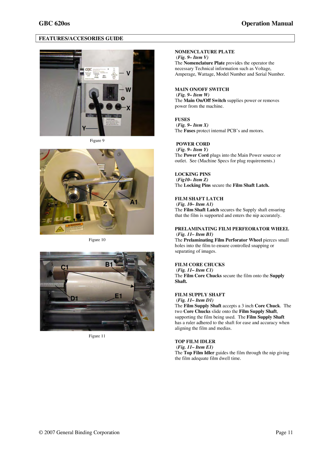 GBC 620OS Nomenclature Plate, Main ON/OFF Switch, Fuses, Power Cord, Locking Pins, Film Shaft Latch, Film Core Chucks 