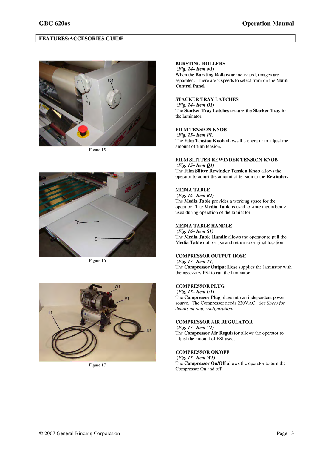 GBC 620OS Bursting Rollers, Film Tension Knob, Film Slitter Rewinder Tension Knob, Media Table Handle, Compressor Plug 