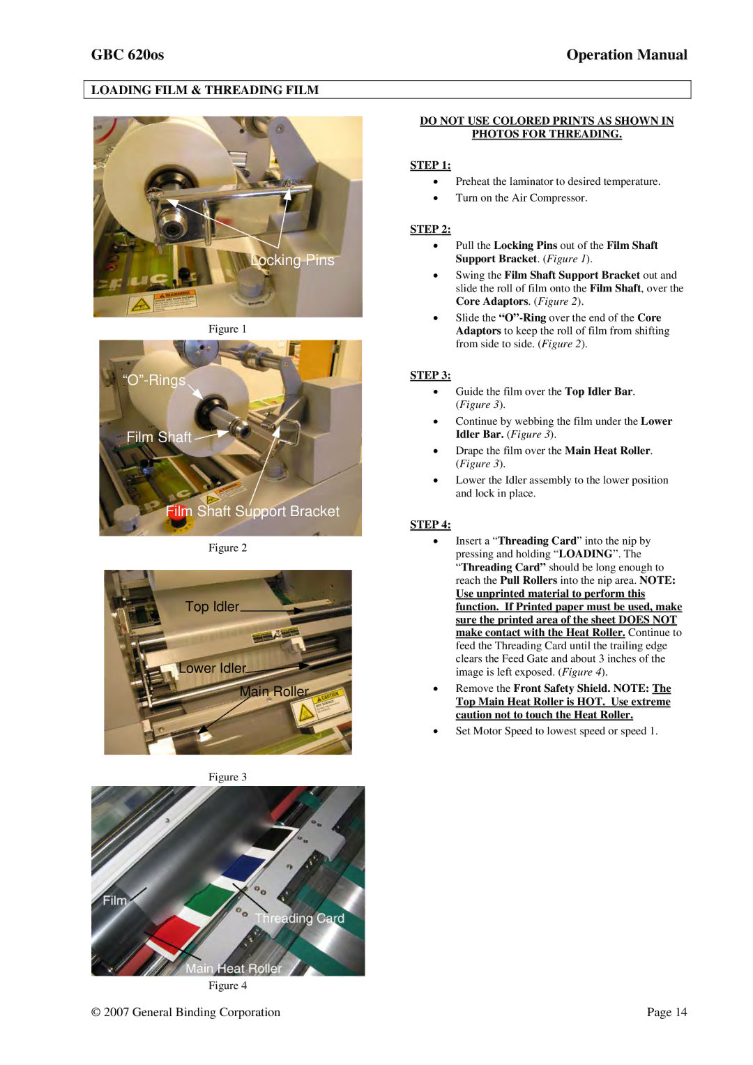 GBC 620OS operation manual Loading Film & Threading Film, Do not USE Colored Prints AS Shown Photos for Threading Step 