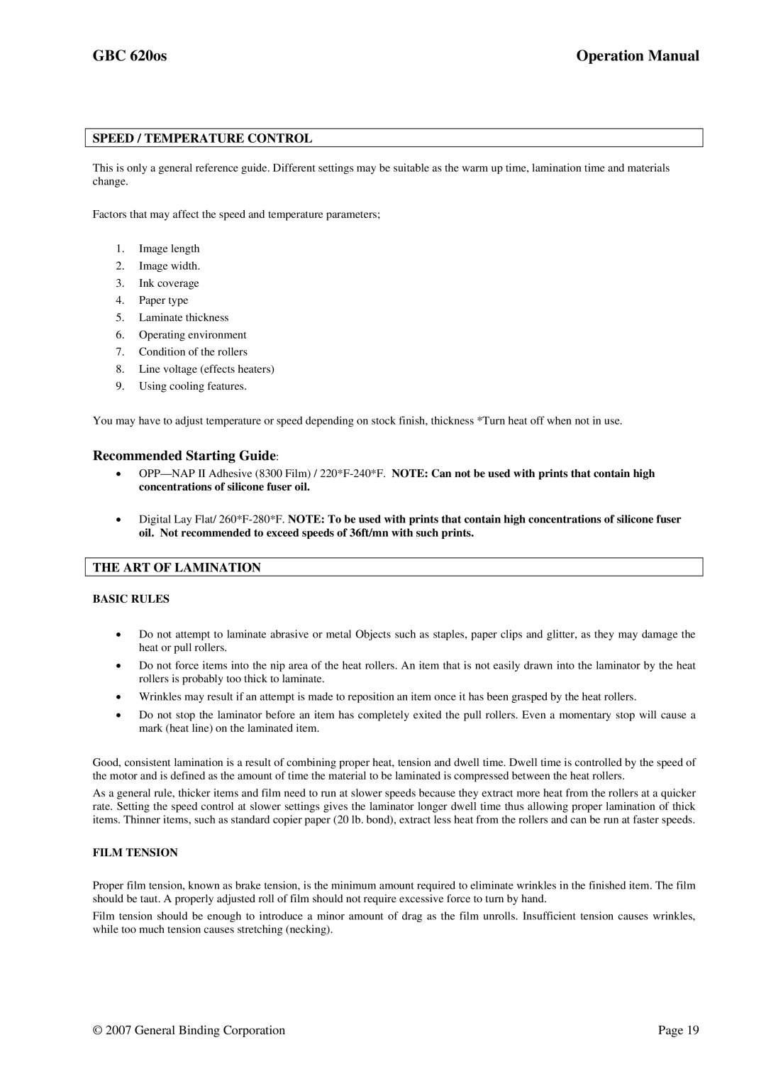 GBC 620OS operation manual Speed / Temperature Control, ART of Lamination, Basic Rules, Film Tension 