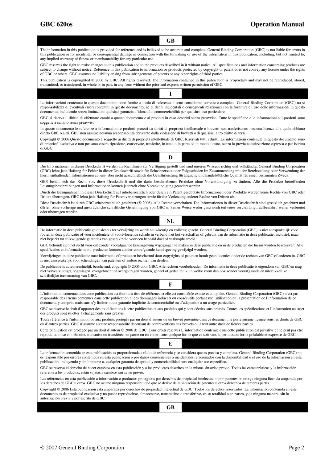 GBC 620OS operation manual GBC 620os 