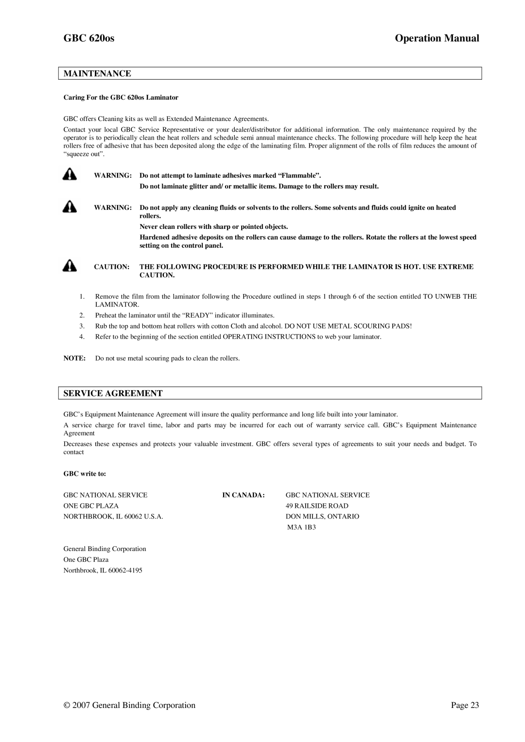 GBC 620OS operation manual Maintenance, Service Agreement 