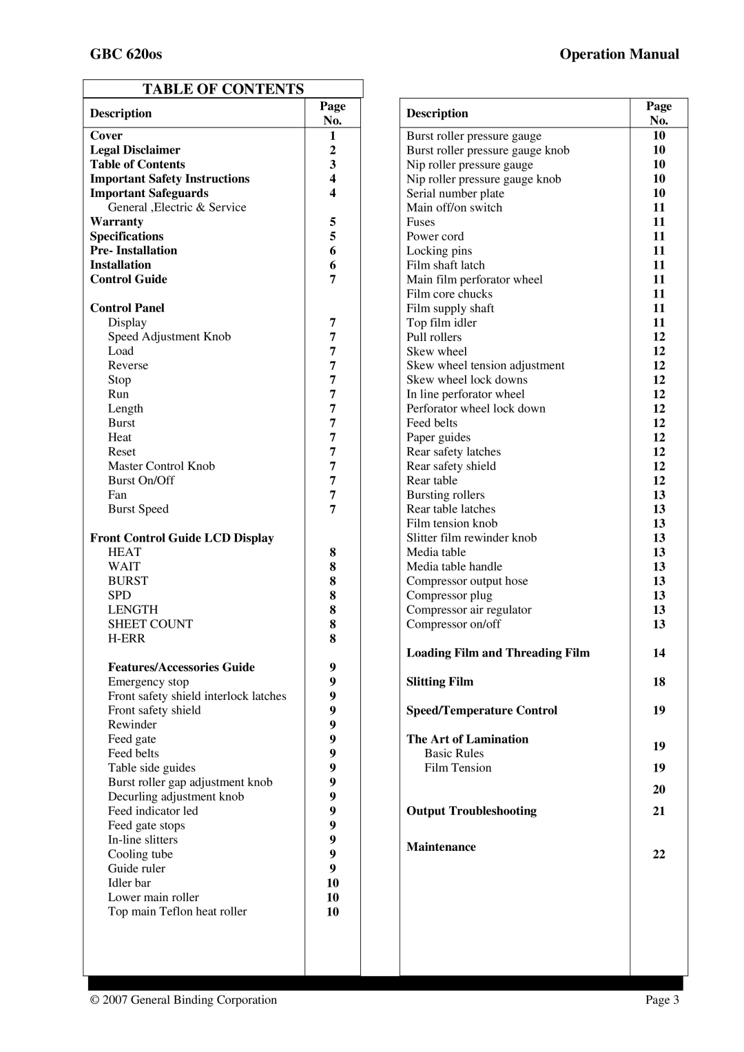 GBC 620OS operation manual Table of Contents 