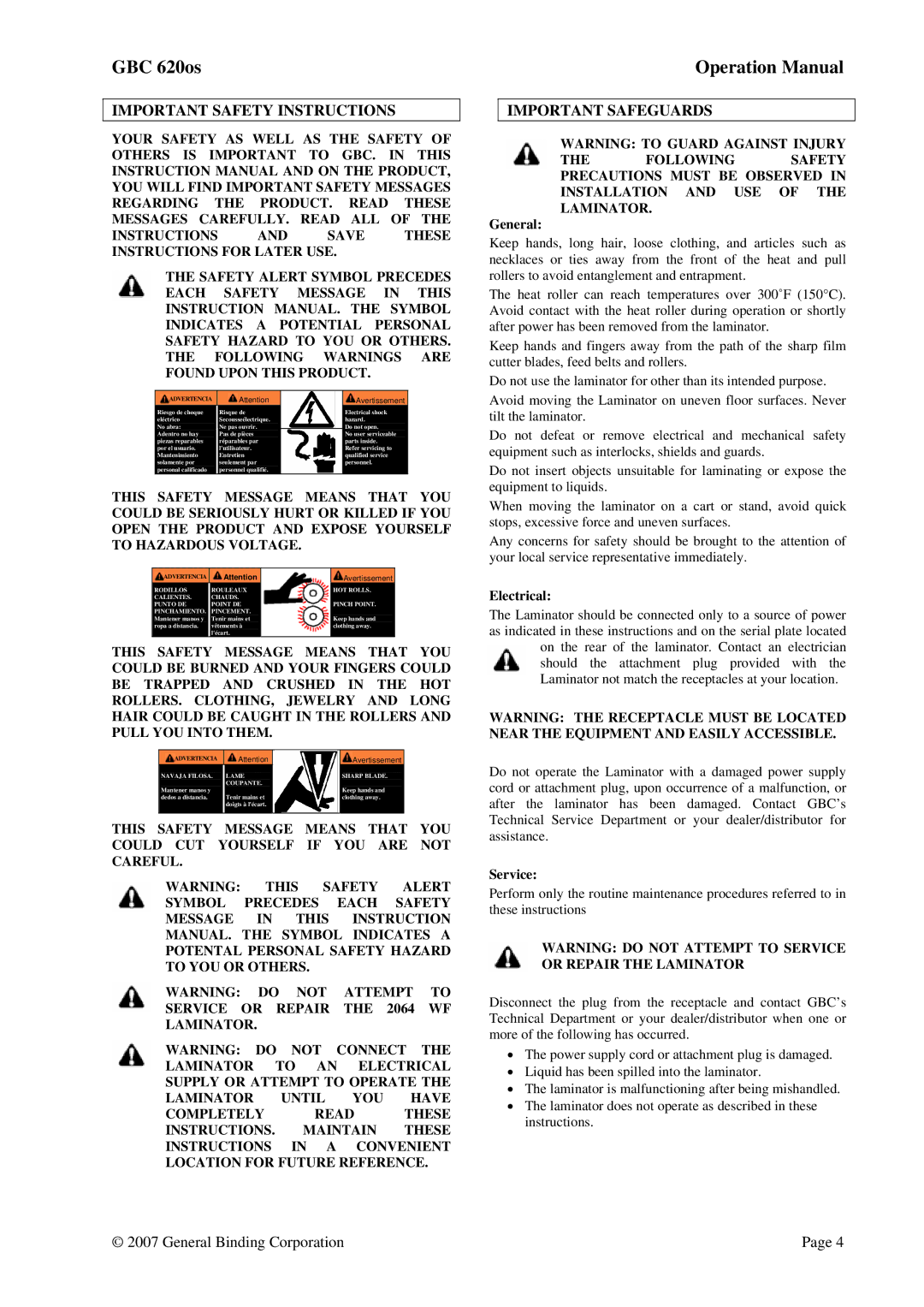 GBC 620OS Important Safety Instructions, Important Safeguards, Instructions and Save These Instructions for Later USE 