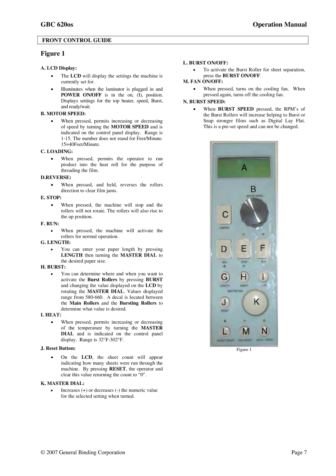 GBC 620OS operation manual Front Control Guide 