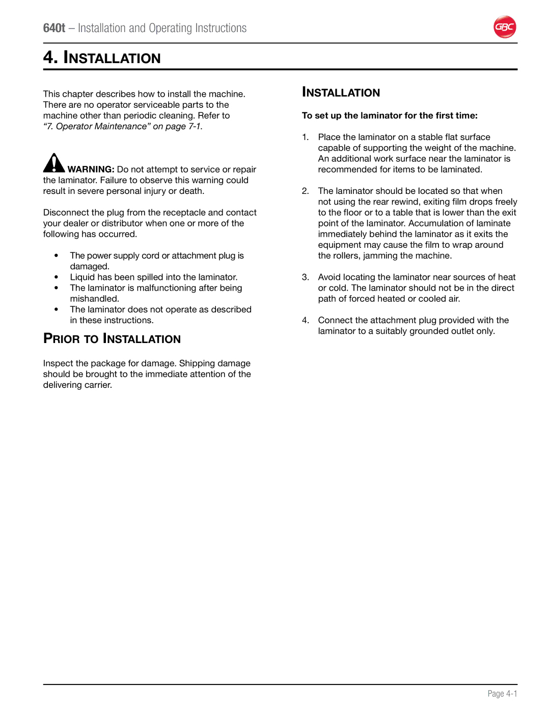 GBC 640T operation manual Prior to Installation, To set up the laminator for the first time 