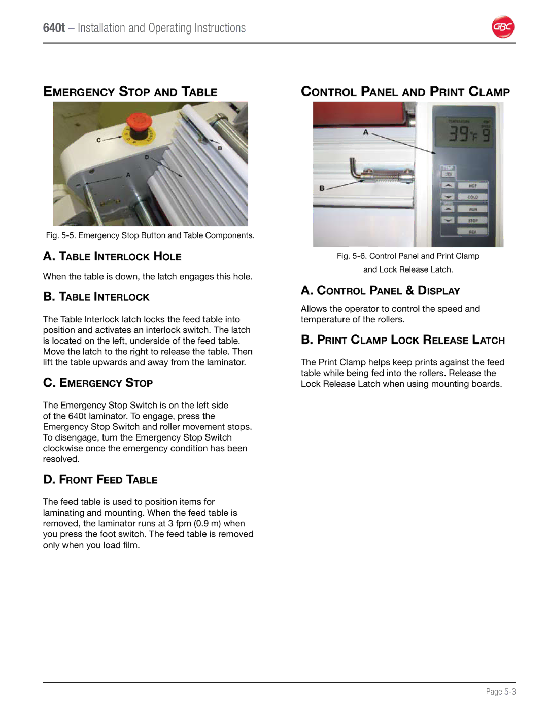 GBC 640T operation manual Emergency Stop and Table, Control Panel and Print Clamp 