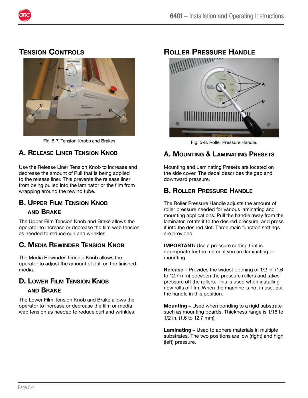 GBC 640T operation manual Tension Controls Roller Pressure Handle 