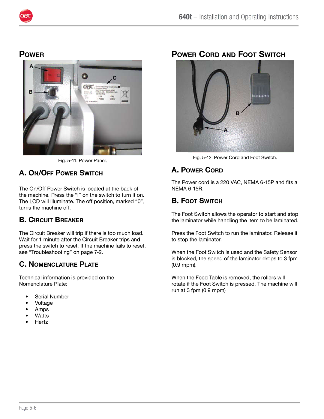 GBC 640T operation manual Power Power Cord and Foot Switch 