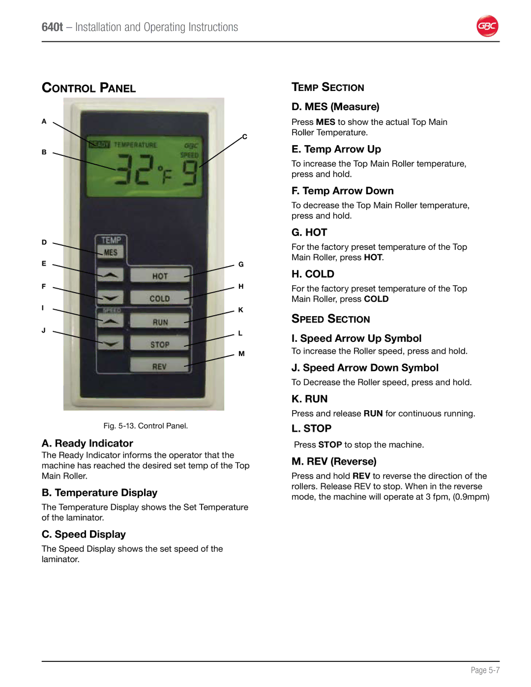 GBC 640T operation manual Control Panel, Temp Section, Speed Section 