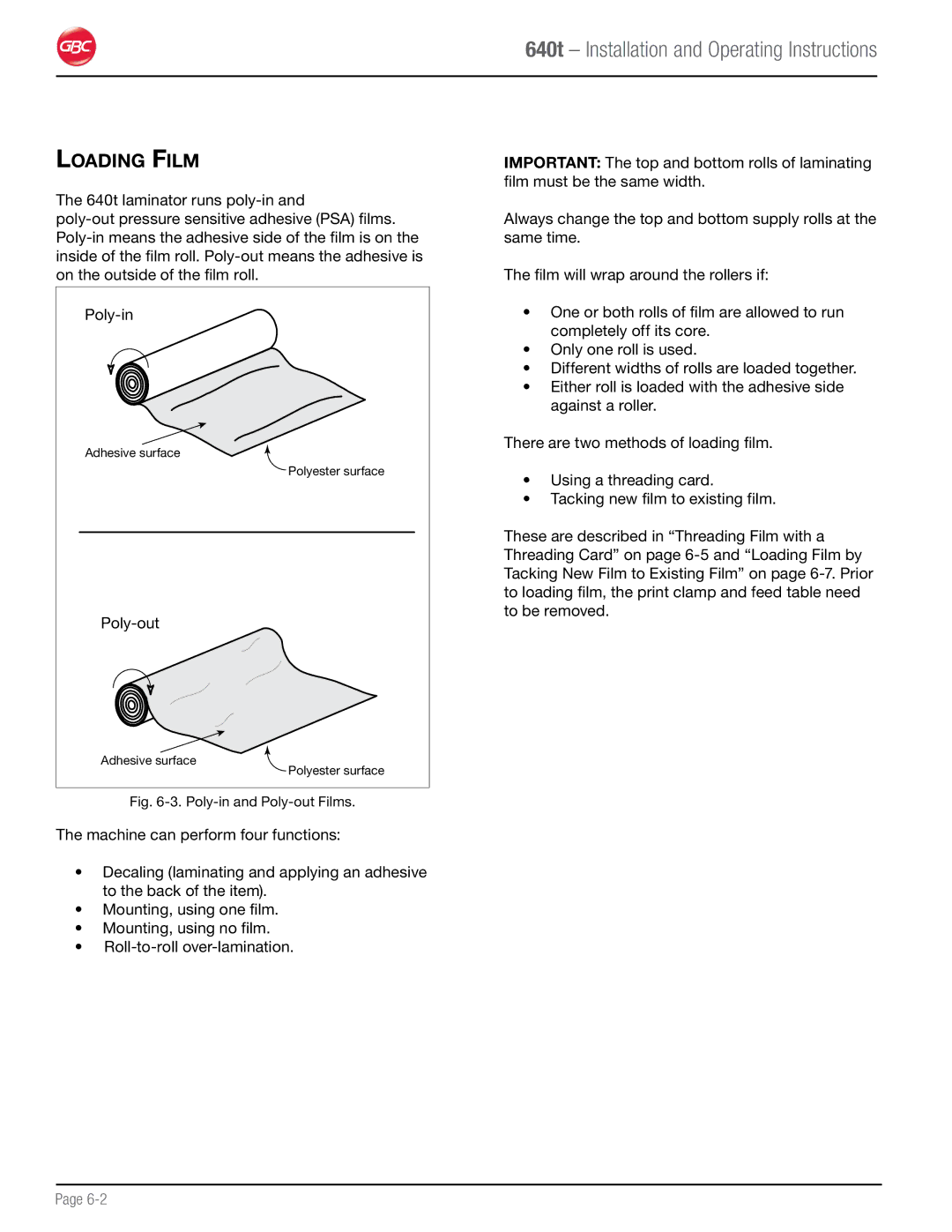 GBC 640T operation manual Loading Film, Poly-in and Poly-out Films 