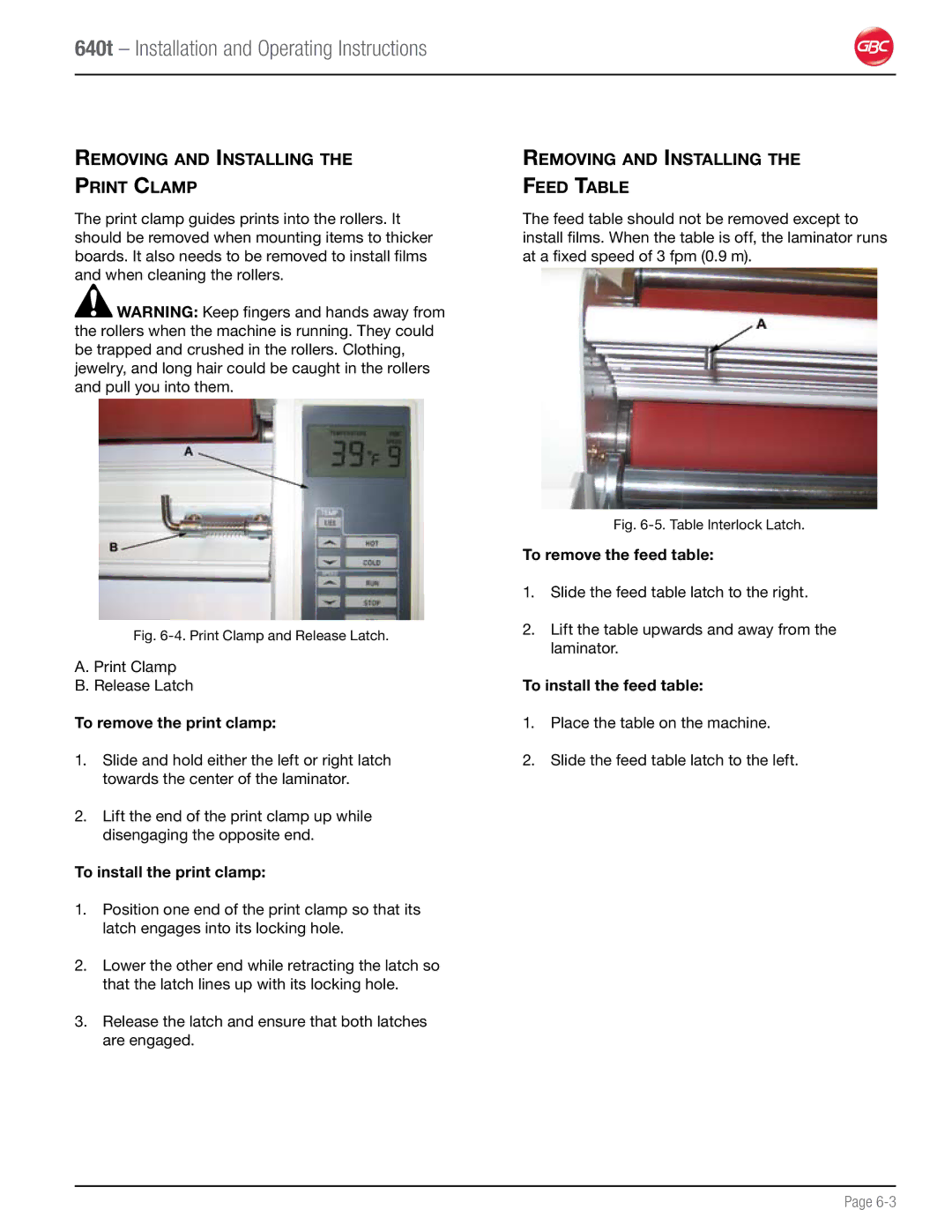 GBC 640T operation manual Removing and Installing Print Clamp, Removing and Installing the Feed Table 