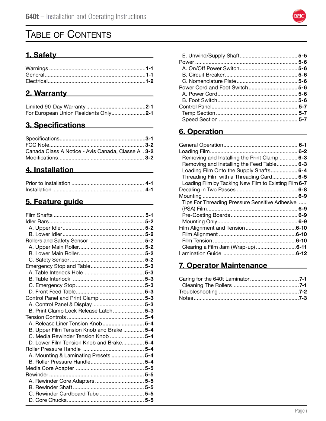 GBC 640T operation manual Table of Contents 