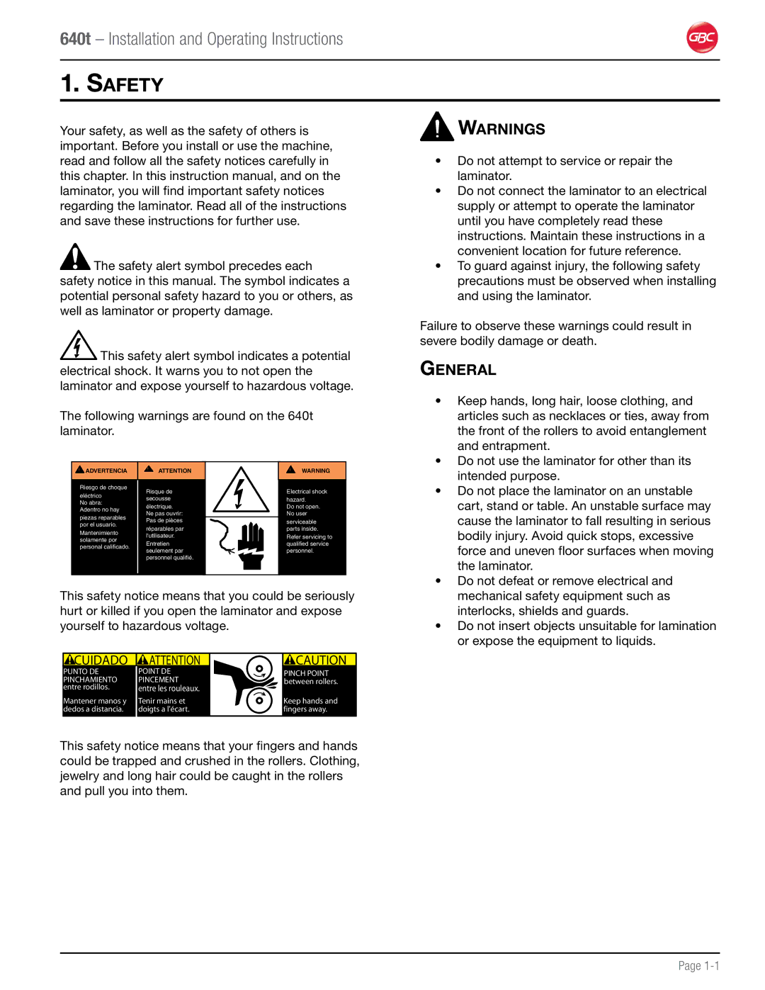 GBC 640T operation manual Safety, General 