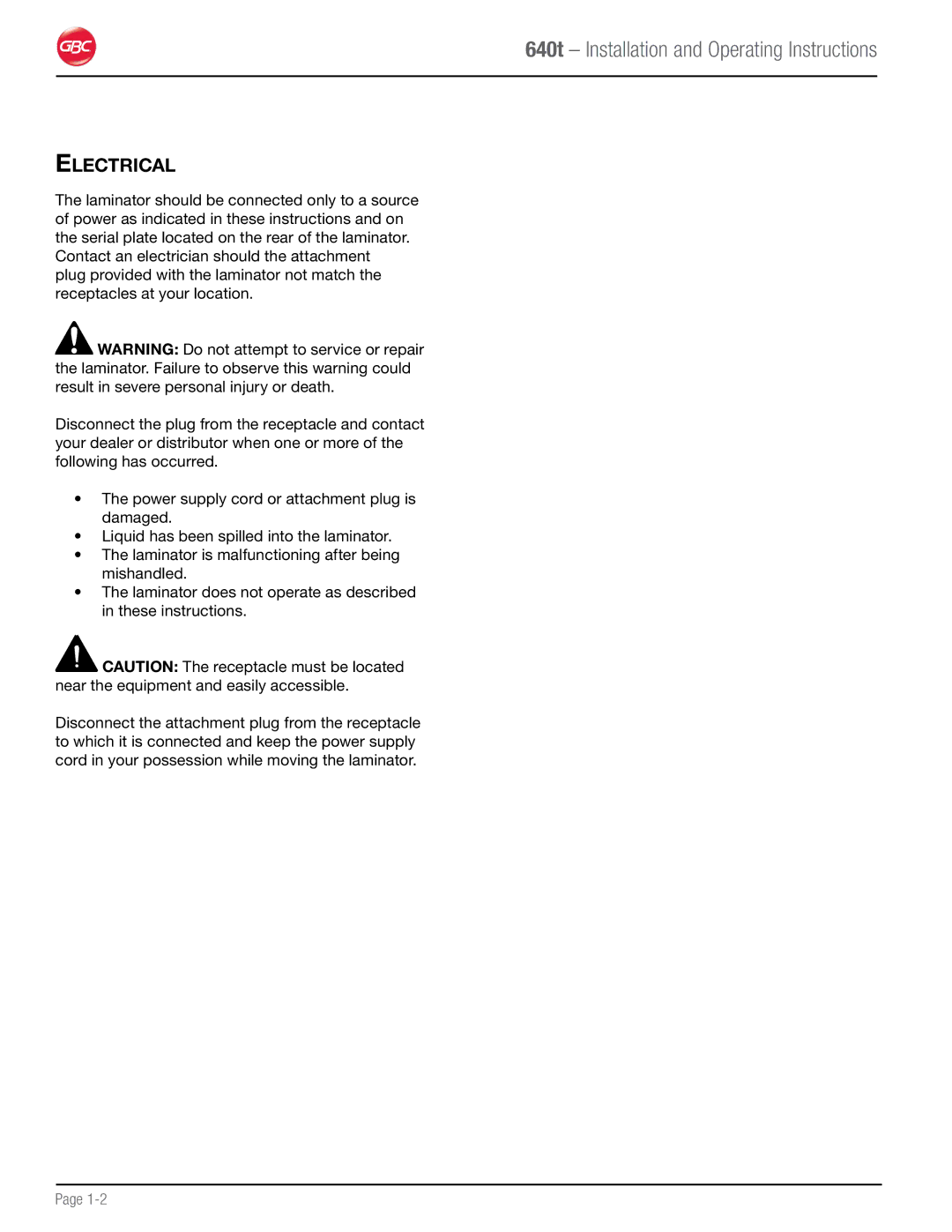 GBC 640T operation manual Electrical 