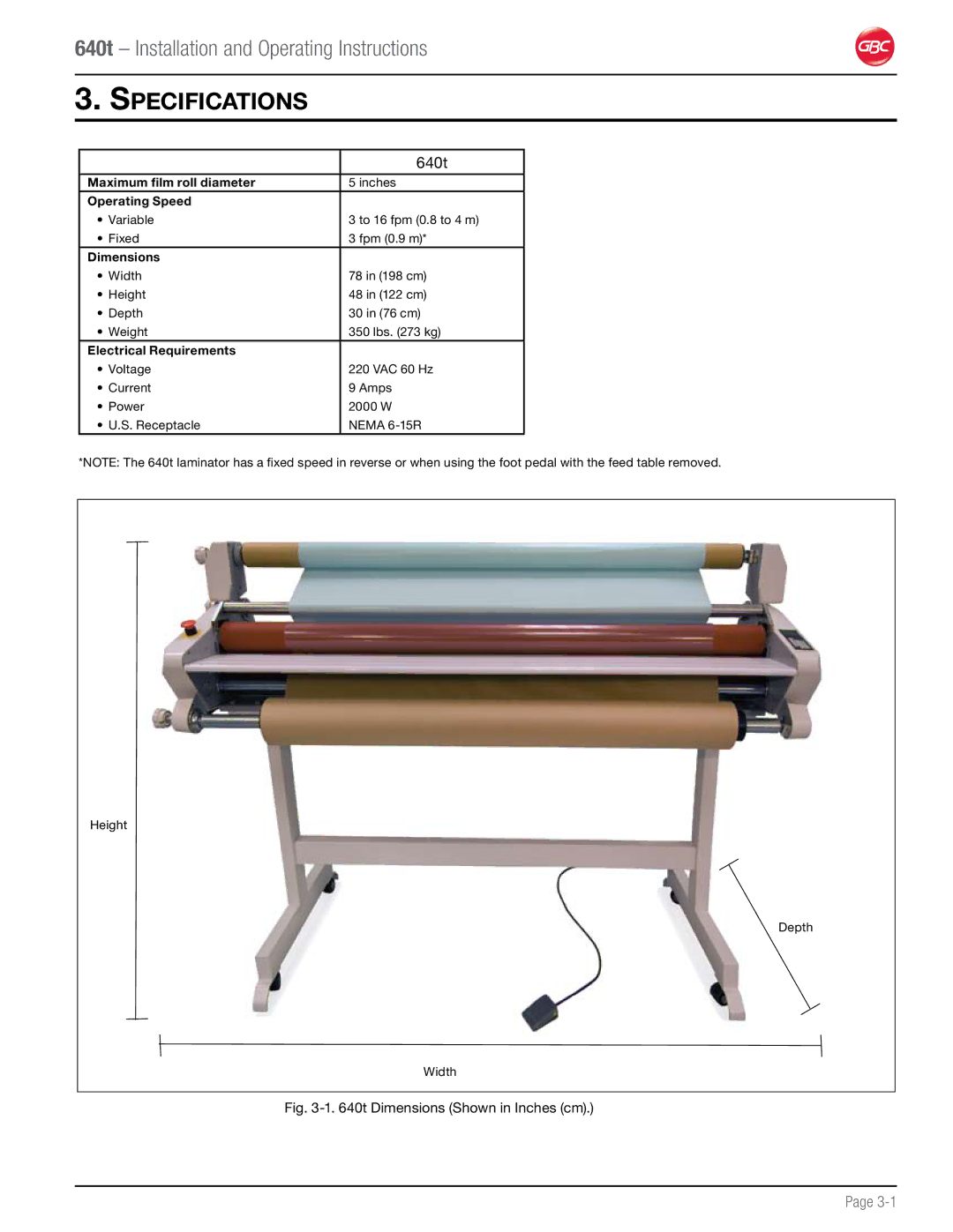 GBC 640T operation manual Specifications, 640t 