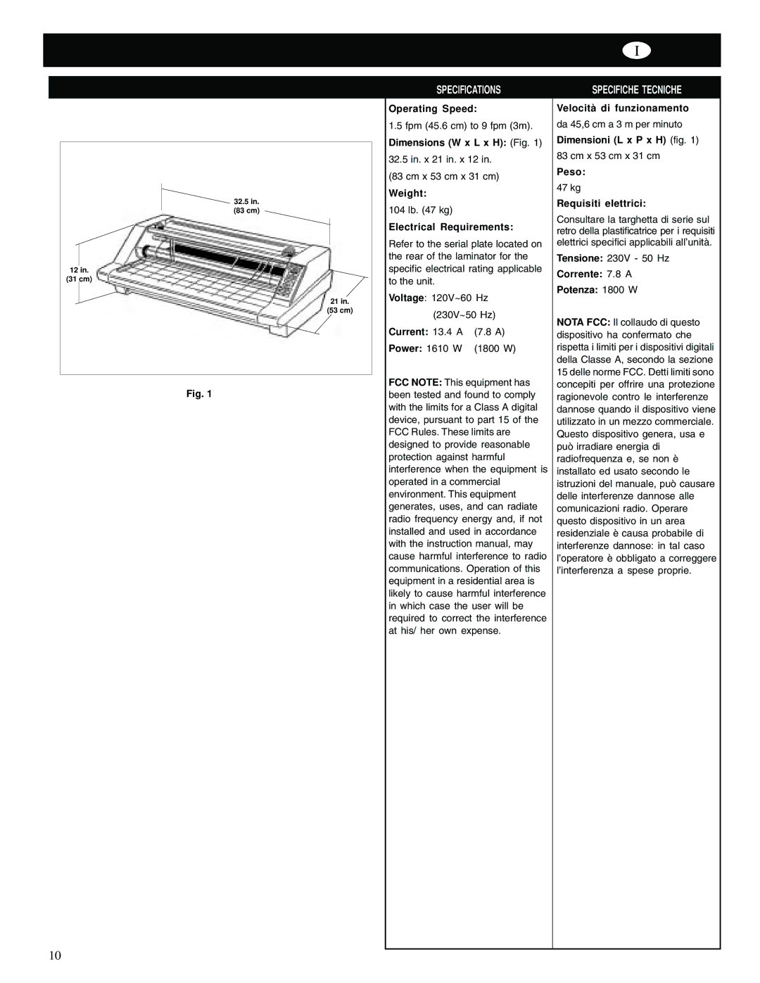 GBC 65-1 manual Specifications Specifiche Tecniche 