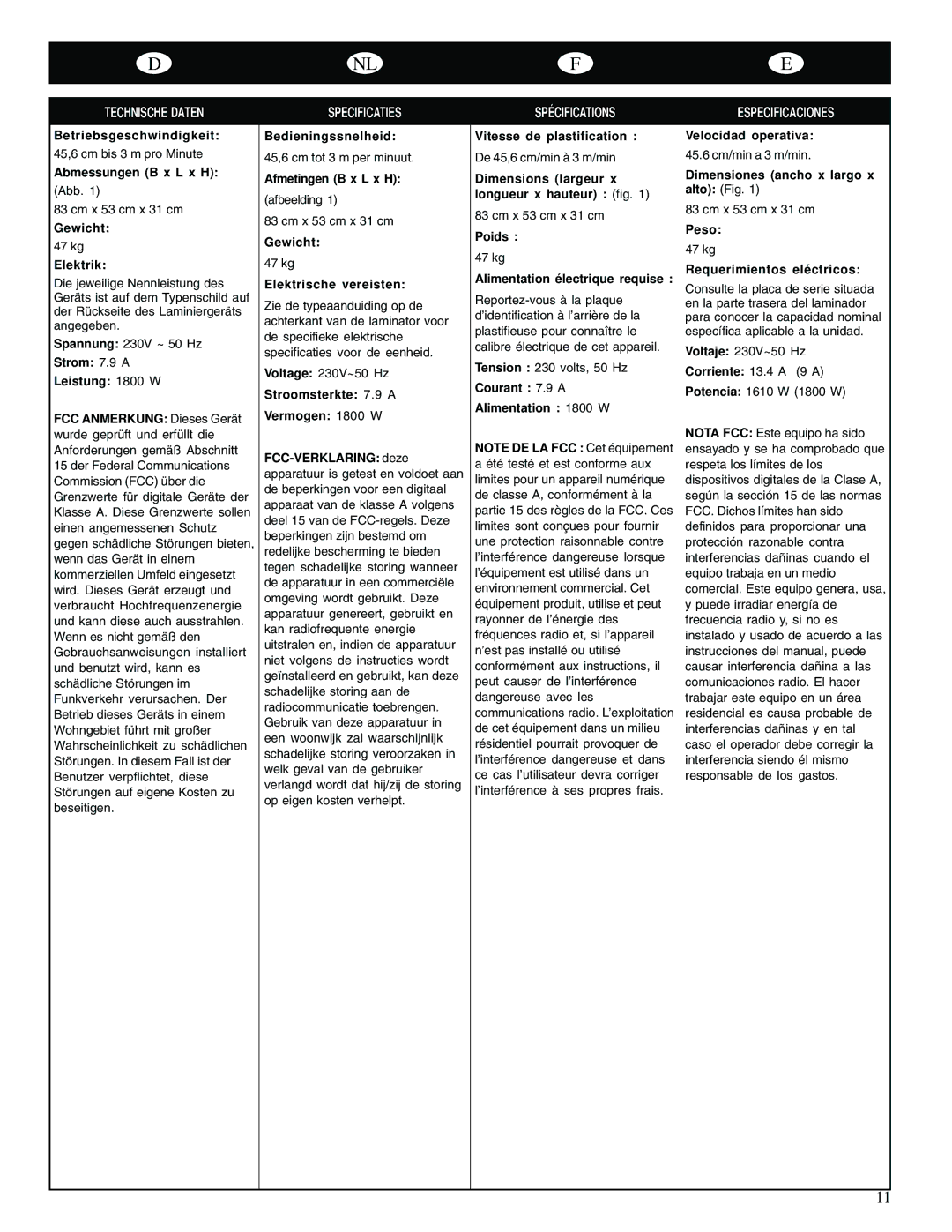 GBC 65-1 manual Betriebsgeschwindigkeit, Abmessungen B x L x H, Gewicht, Afmetingen B x L x H, Elektrische vereisten, Poids 