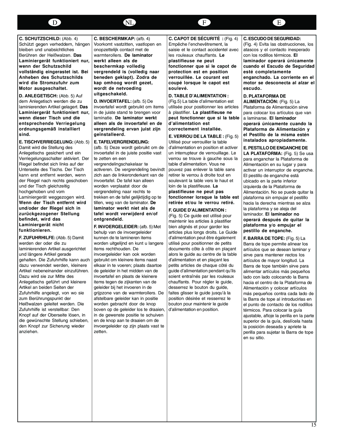 GBC 65-1 manual Tafelvergrendeling, Table D’ALIMENTATION, Guide D’ALIMENTATION, Escudo DE Seguridad 