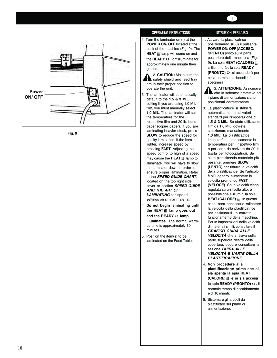 GBC 65-1 manual Operating Instructions Istruzioni PER L’USO, ART of Laminating for speed settings on similar material 