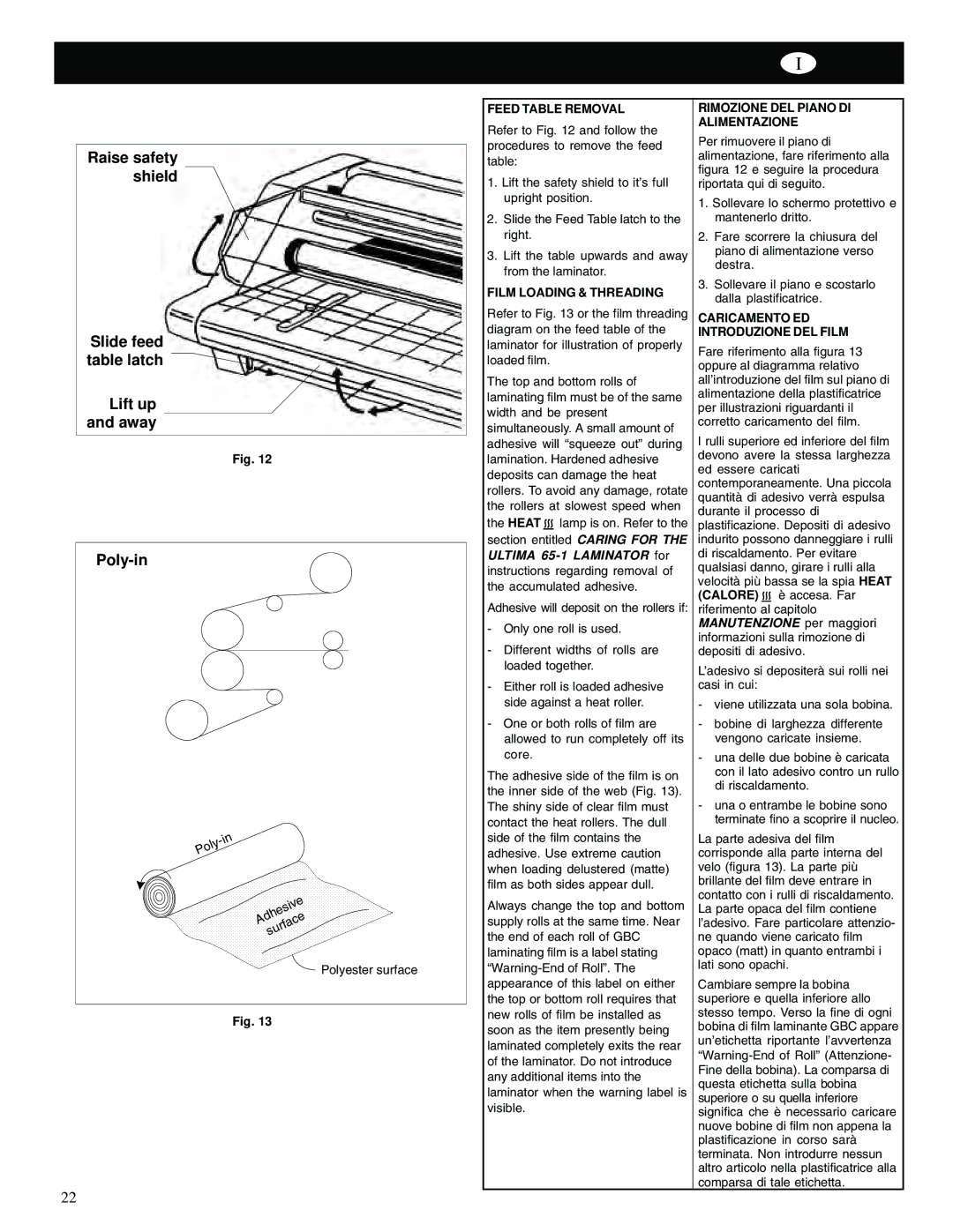 GBC 65-1 manual Feed Table Removal, Film Loading & Threading, Rimozione DEL Piano DI Alimentazione 